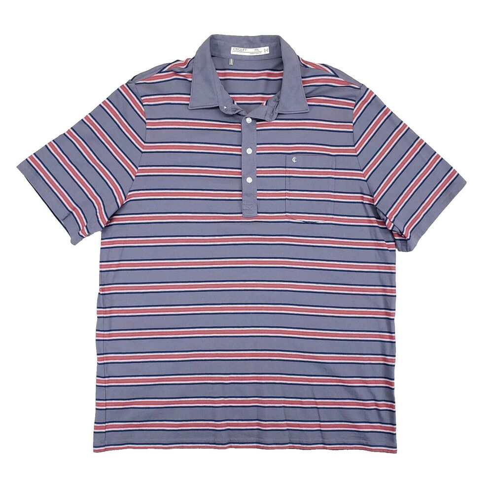 Criquet Golf Polo Shirt Mens 2XL Gray Red‎ Striped Organic Cotton 4 Button